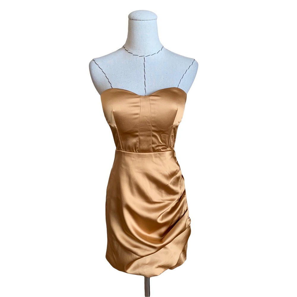 Sale! Naked Wardrobe The Statement Bustier Strapless Draped Gold Satin Dress XS